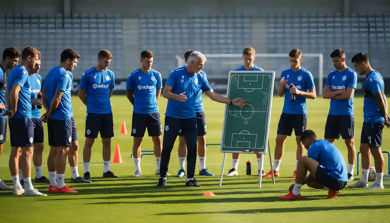 Entrenador de fútbol dando instrucciones tácticas a sus jugadores