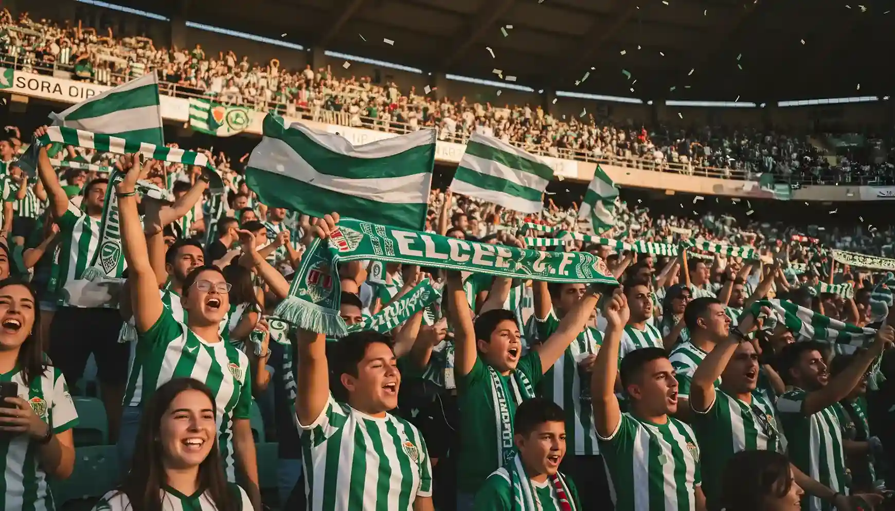 Aficionados del Elche celebrando en las gradas con banderas verdes y blancas