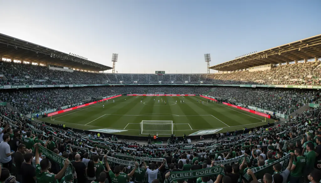 Vista panorámica de un estadio de fútbol lleno de aficionados vestidos de verde, observando un partido en el campo.