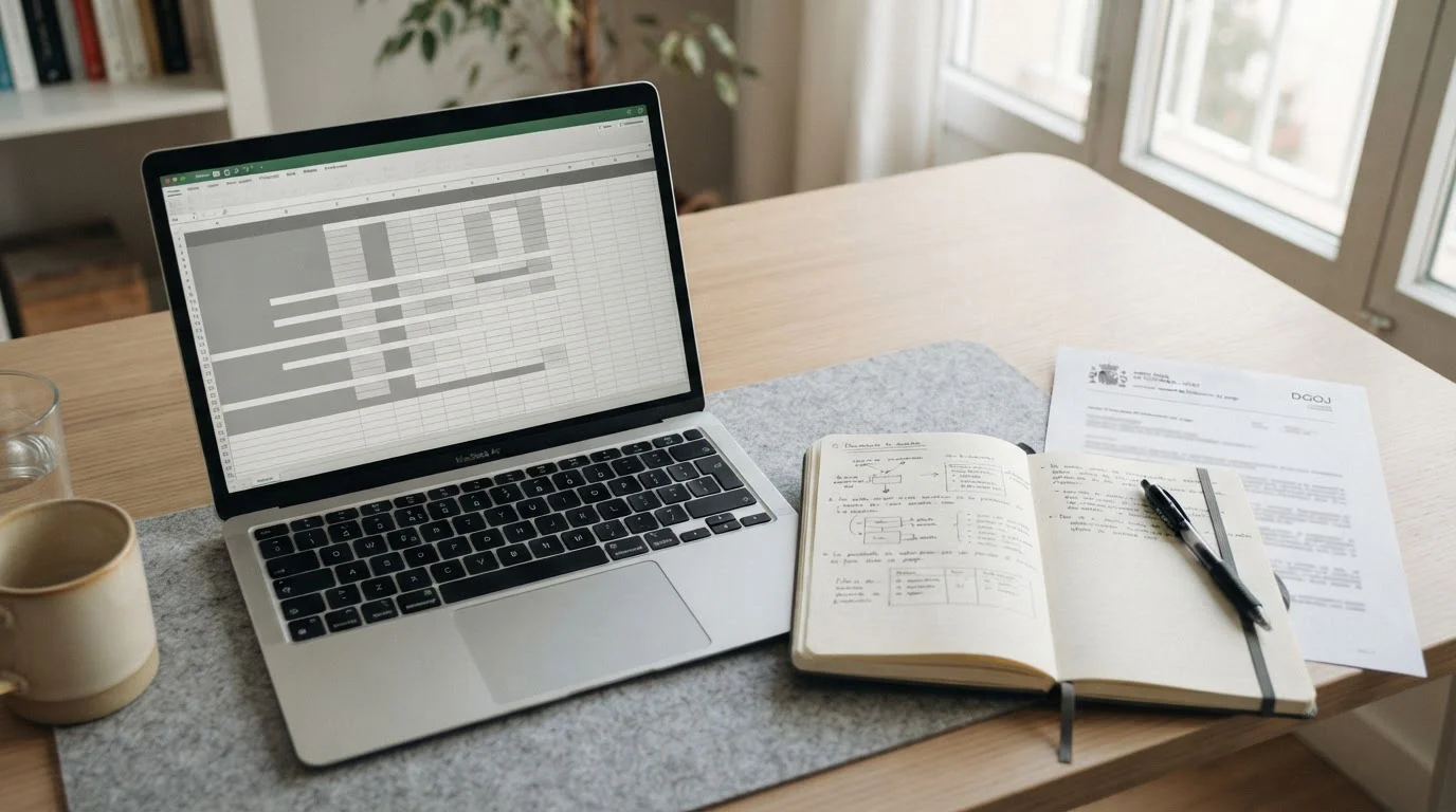 Vista cenital de un escritorio con documentos de análisis de operadores de apuestas y normativa española