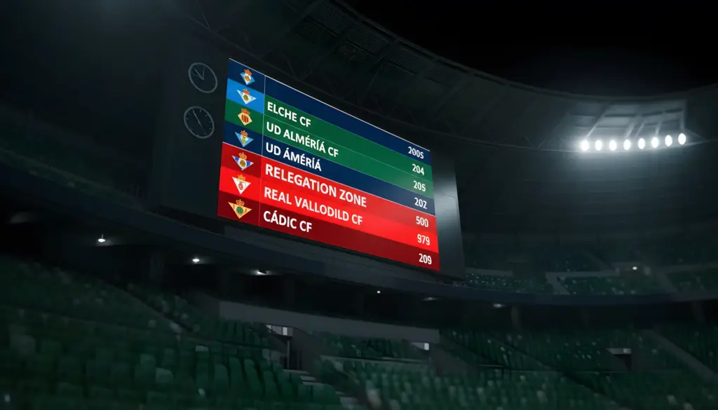Pantalla gigante en estadio vacío mostrando clasificación de equipos de fútbol con zona de descenso marcada en rojo.