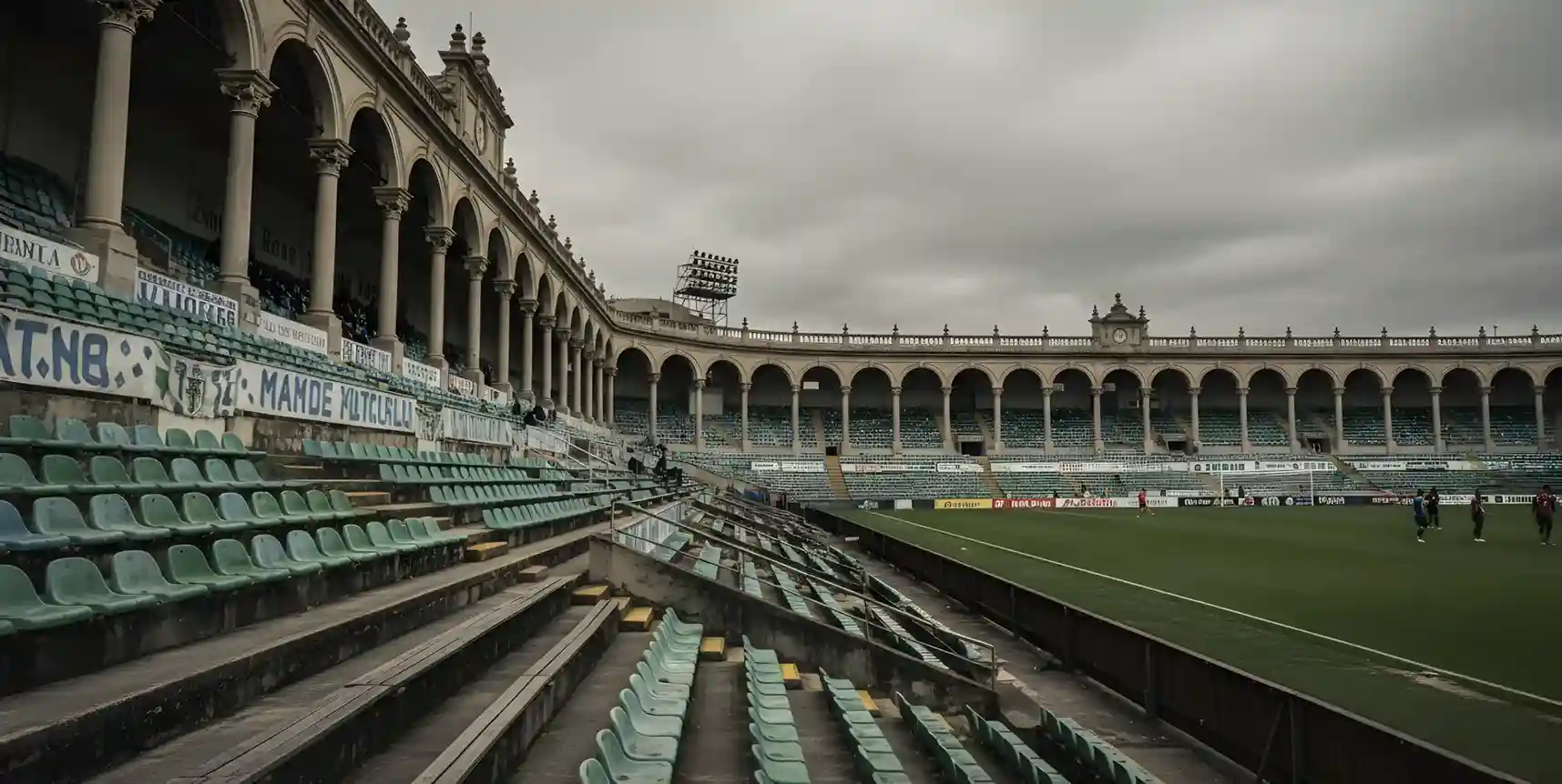 Estadio de fútbol español histórico con gradas semivacías reflejando crisis deportiva
