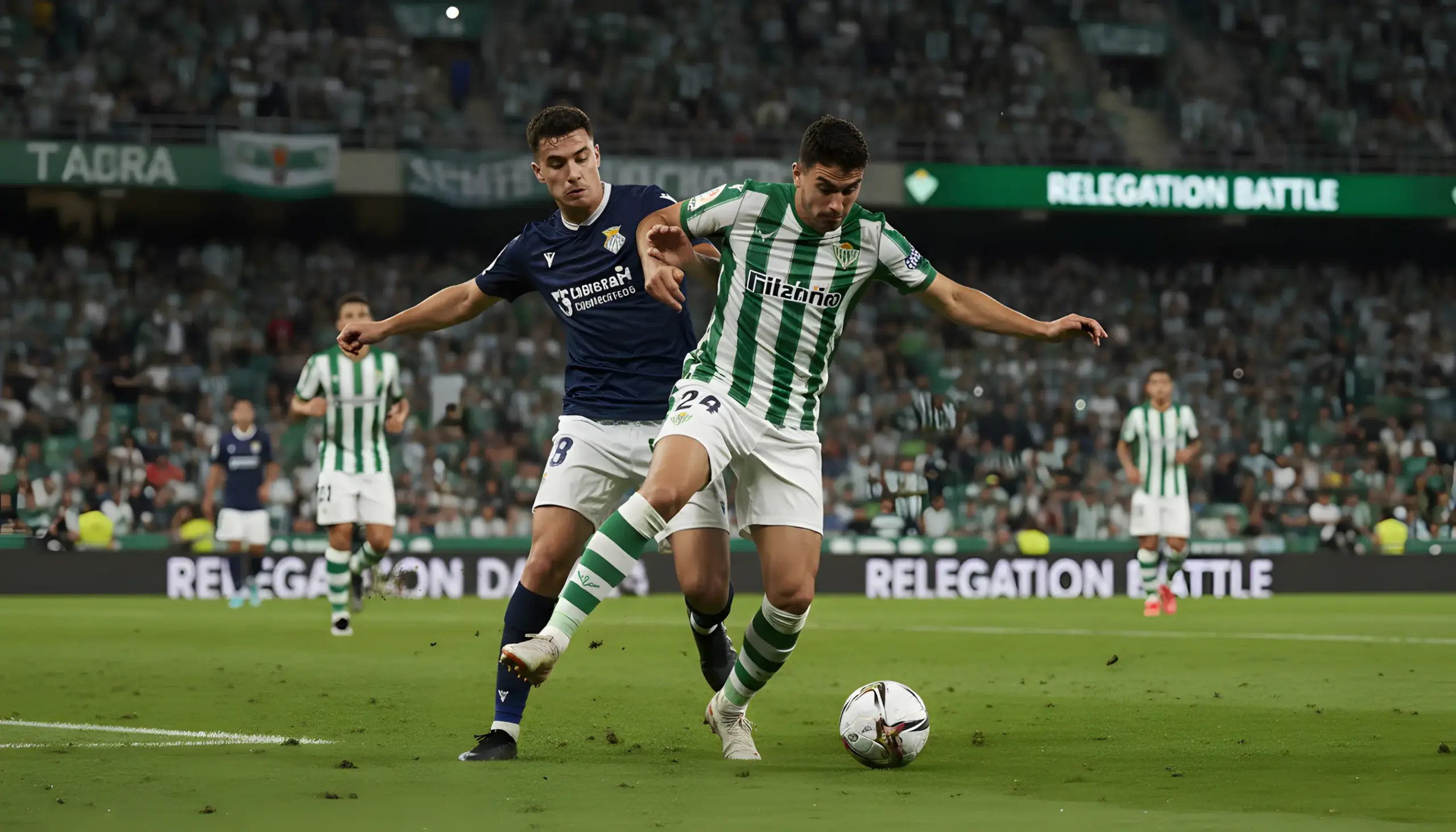 Futbolistas compitiendo intensamente por un balón en un partido de alta tensión