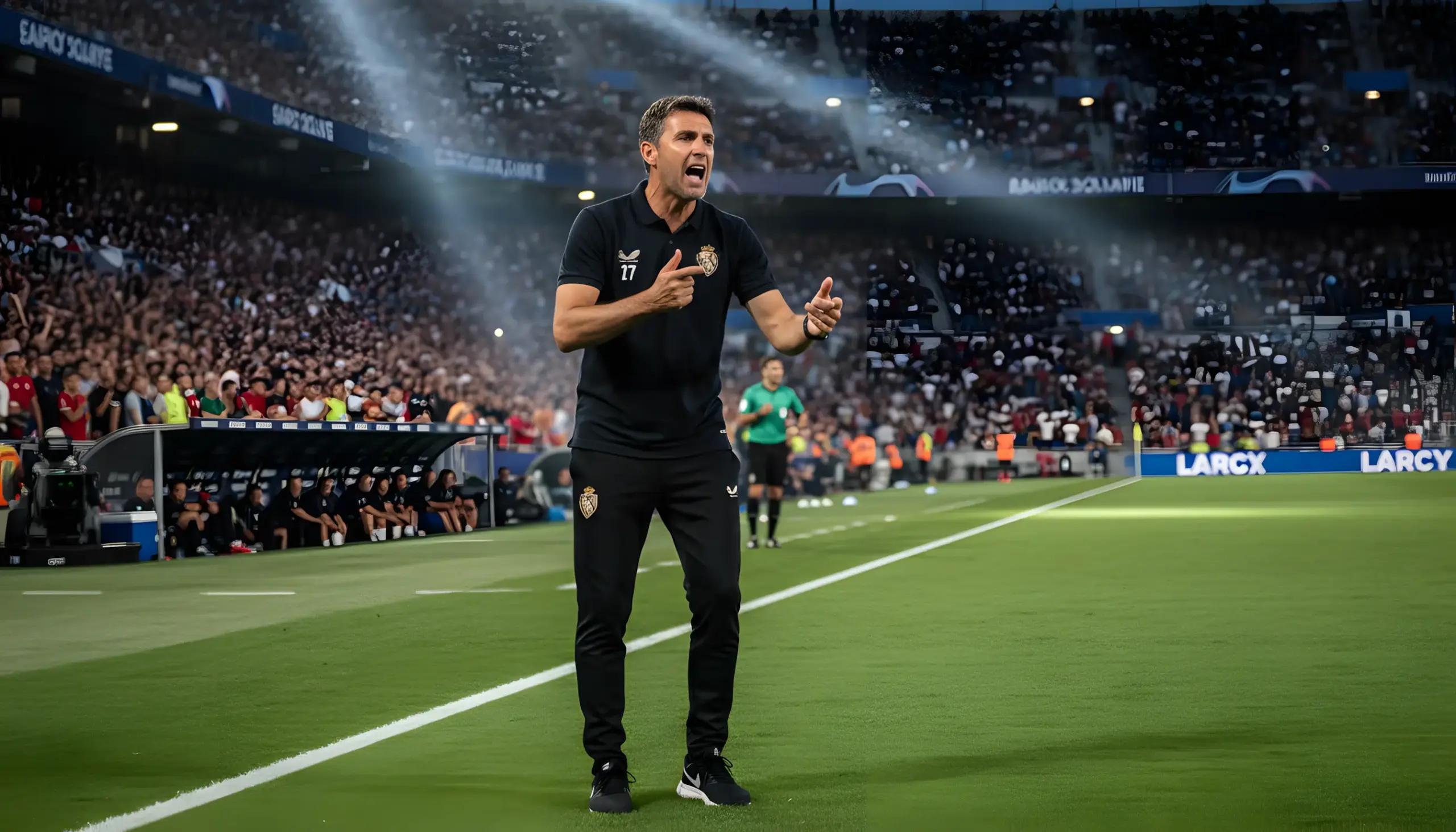 Entrenador de fútbol dando instrucciones desde la banda en un estadio iluminado