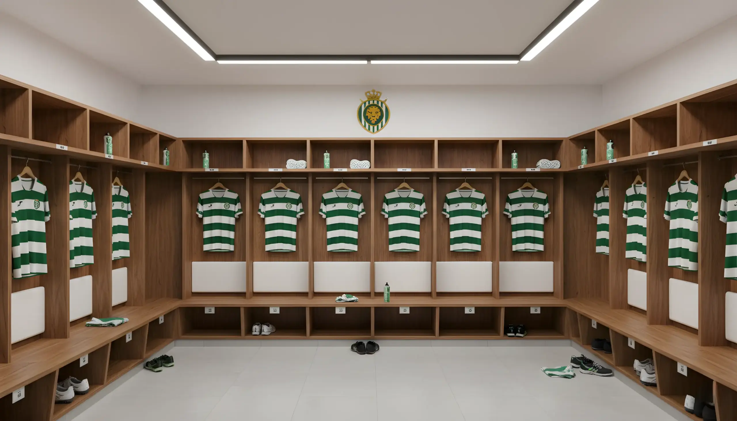 Vestuario de fútbol con equipación verde y blanca y escudo del club