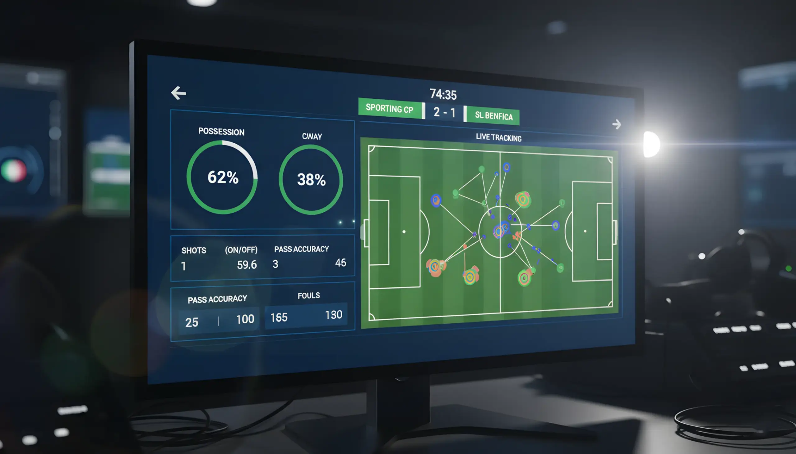 Pantalla de estadísticas en vivo mostrando datos de un partido de fútbol