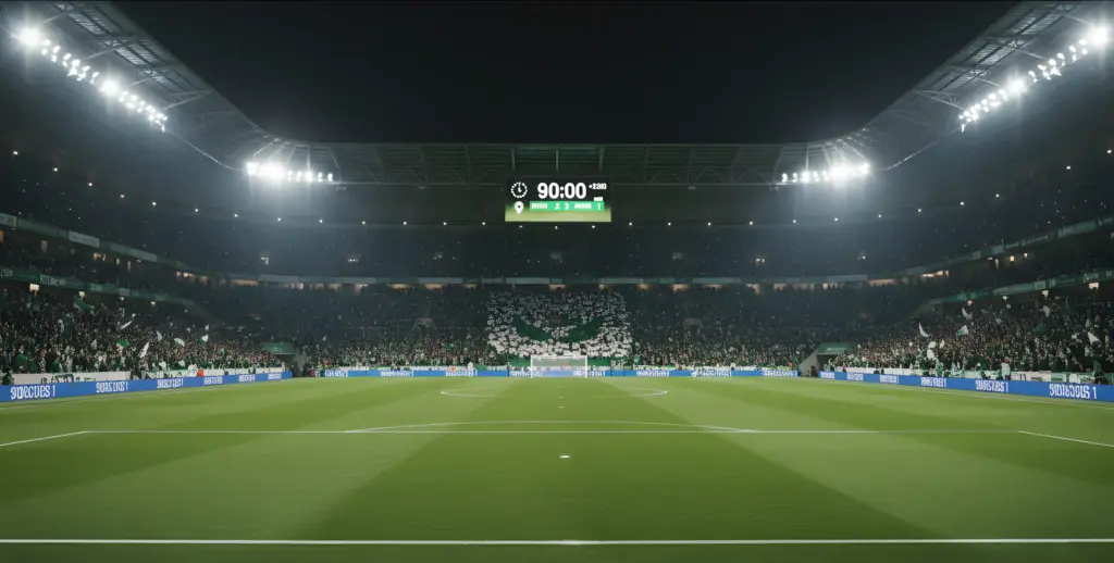 Una vista panorámica de un gran estadio de fútbol por la noche, con el campo verde y vacío en primer plano. Las gradas están llenas de aficionados, muchos de ellos vestidos de verde y blanco, y las luces del estadio brillan intensamente. En la parte superior, un marcador digital muestra "90:00" y un resultado de "VER 2 - 3 BLANCO", con un reloj y una bandera a cada lado.