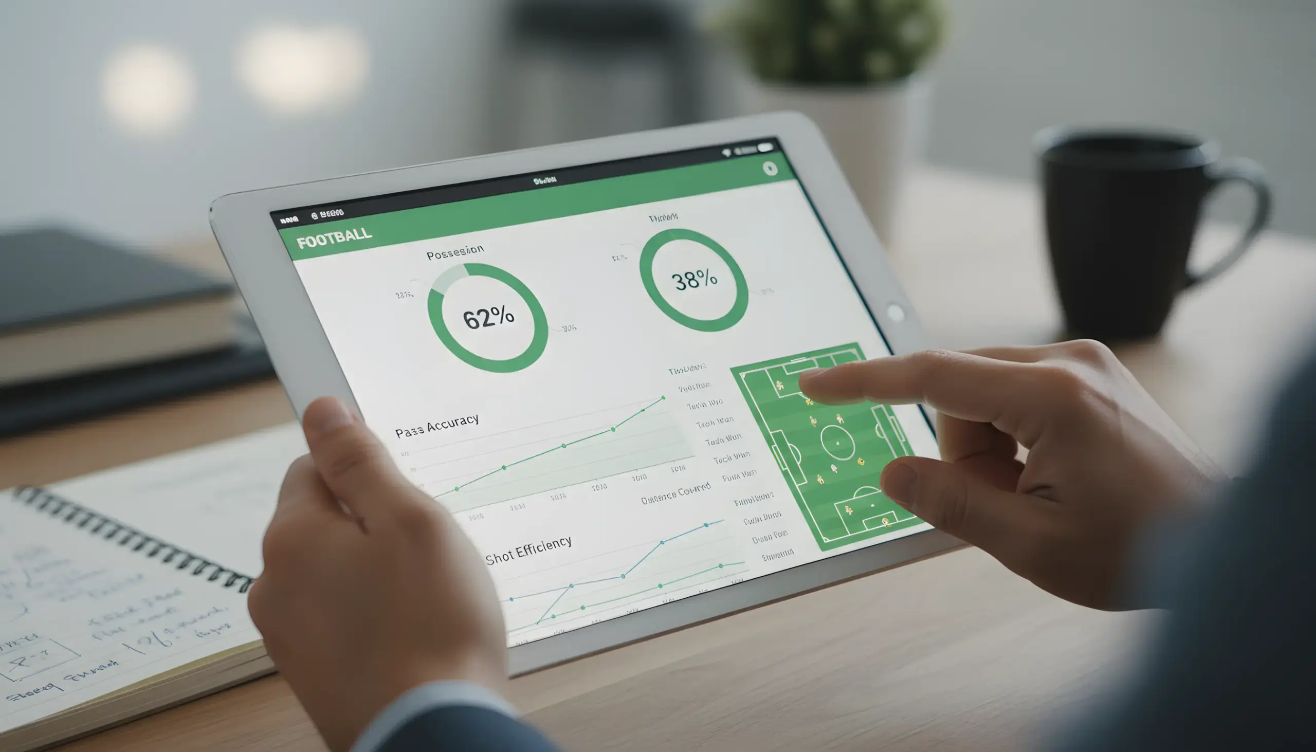 Persona analizando gráficos y estadísticas en una tablet