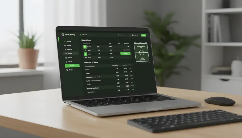 Un portátil plateado está abierto sobre un escritorio de madera clara, mostrando una interfaz de "Sports Betting" (Apuestas Deportivas) en tonos oscuros y verdes. La pantalla muestra opciones de apuestas como "Match Winner" y "Total Goals To Score", con cuotas para diferentes equipos. A la derecha del portátil, hay un ratón inalámbrico negro y un teclado externo. Al fondo, se ve una planta en maceta y una estantería, sugiriendo un ambiente de oficina o estudio.