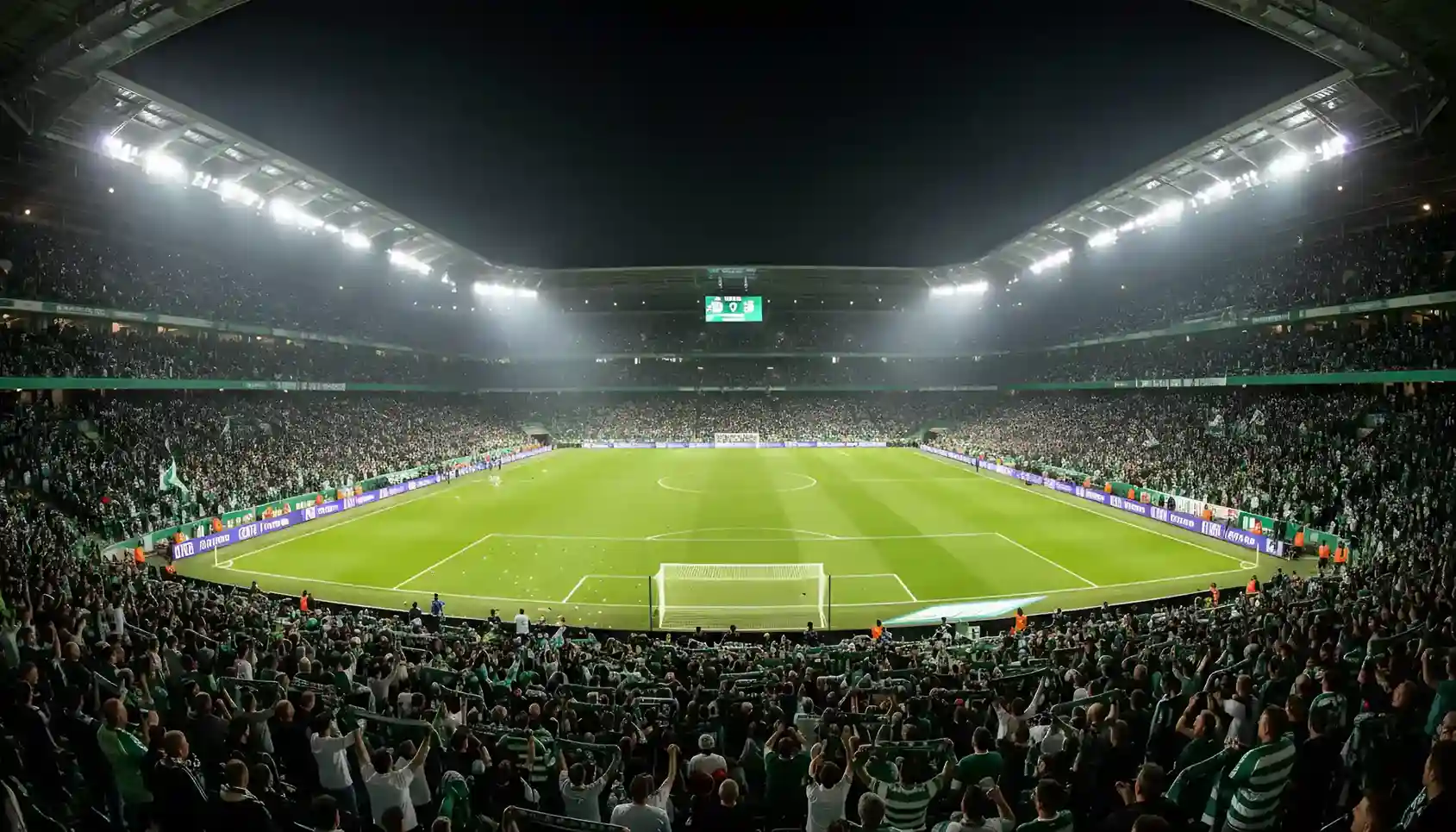 Estadio de fútbol lleno de aficionados durante un partido nocturno
