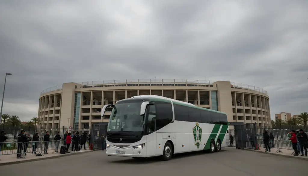 Autobús del equipo de fútbol con los colores verde y blanco llegando al estadio bajo un cielo nublado.