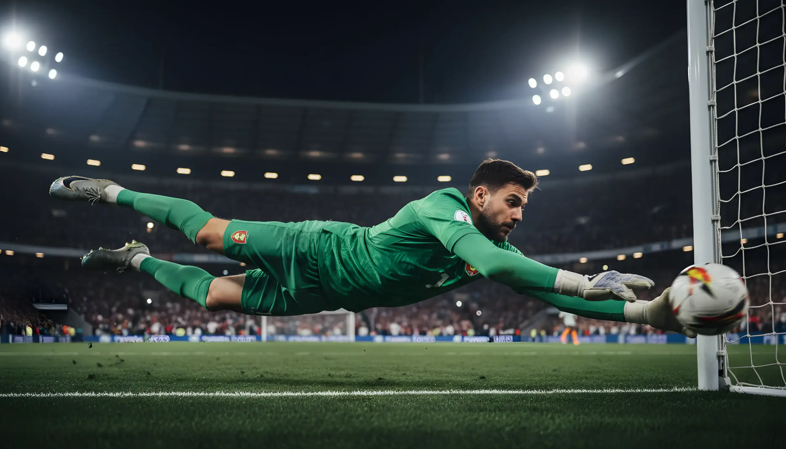 Portero de fútbol realizando una parada espectacular durante un partido