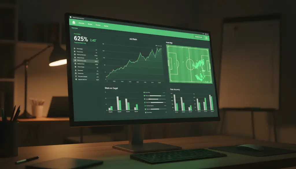 Un monitor de ordenador muestra una interfaz de análisis de fútbol con un diseño moderno en tonos verdes oscuros y claros. La pantalla presenta varios gráficos y datos, incluyendo un gráfico de "xG Chain" (Expected Goals Chain), un "Heat Map" (Mapa de Calor) de un campo de fútbol con trayectorias de juego, estadísticas de "Shots on Target" (Tiros a Puerta) y "Pass Accuracy" (Precisión de Pases). El monitor está sobre un escritorio de madera, con un teclado en primer plano y un ambiente de trabajo tenue al fondo.